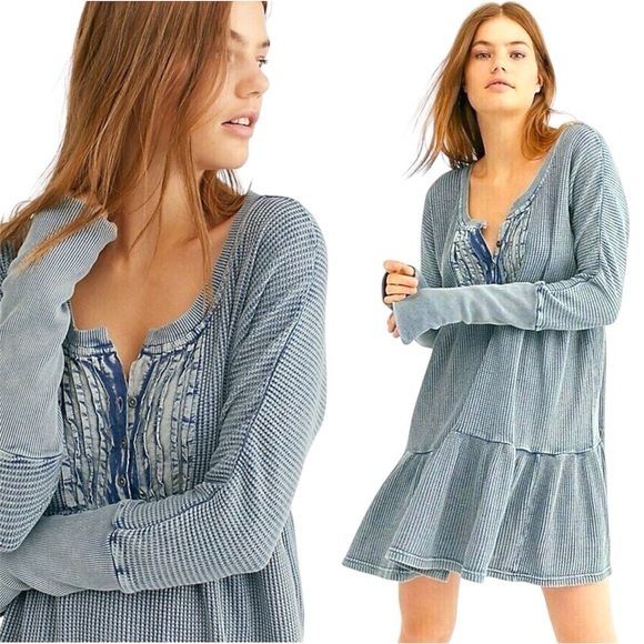 Free People Jolene Waffle Blue Long Sleeve Boho Mini Dress Small Medium XS 0025 - Picture 1 of 9
